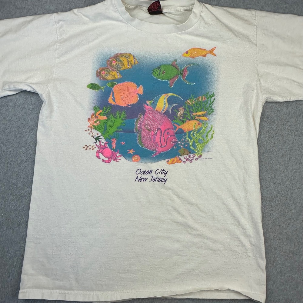 Vintage 1993 Native Sun Ocean City‎ New Jersey Fish Glitter T-Shirt White Large